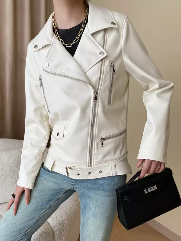 Jaqueta feminina de couro em PU, casaco simples com cinto, streetwear monocromático casual e na moda, primavera e outono, 2023