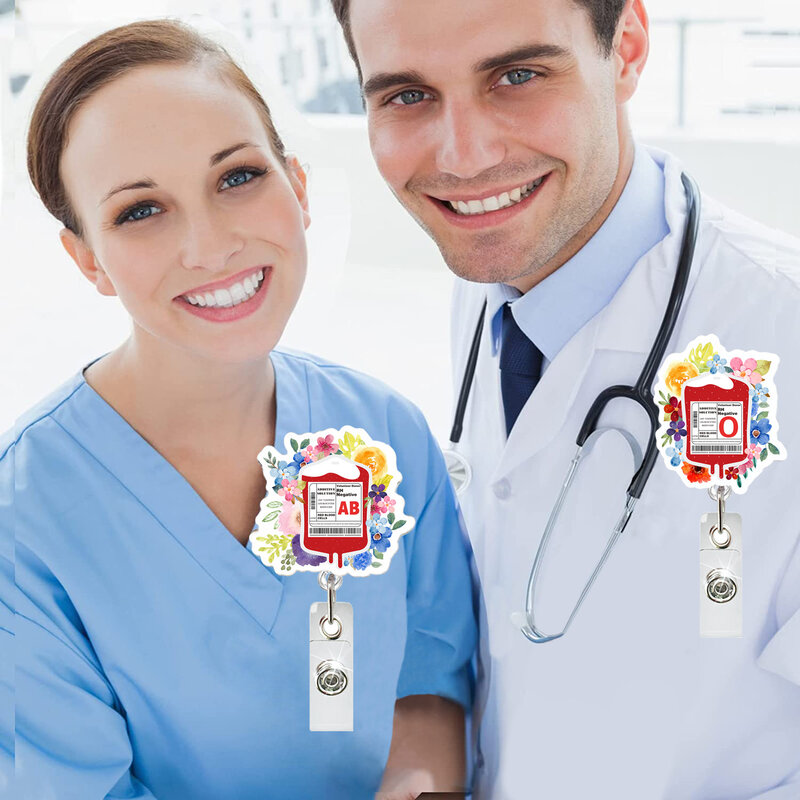 Glitter Flower Retractable Badge Reel Clips para Enfermeira, Médico, Hospital, Trabalhadores Médicos, Suporte de cartão acrílico, Tipo de sangue Saco, Novo, 1Pc