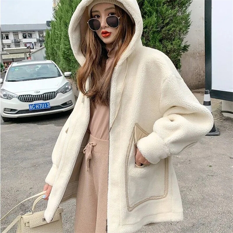 Mantel wol domba wanita, jaket bulu domba tebal versi Korea panjang setengah Musim Semi dan Gugur P171