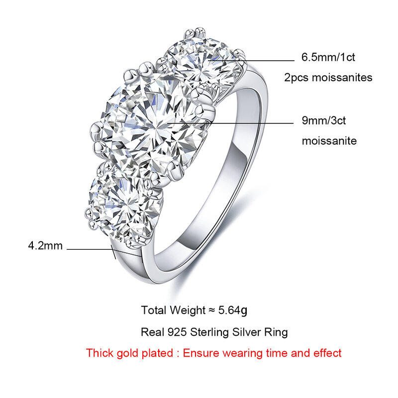 AnuJewel 5cttw D Color Moissanite Luxury Three Stone anello di fidanzamento 925 anelli in argento 18 carati placcato oro gioielli doganali all'ingrosso