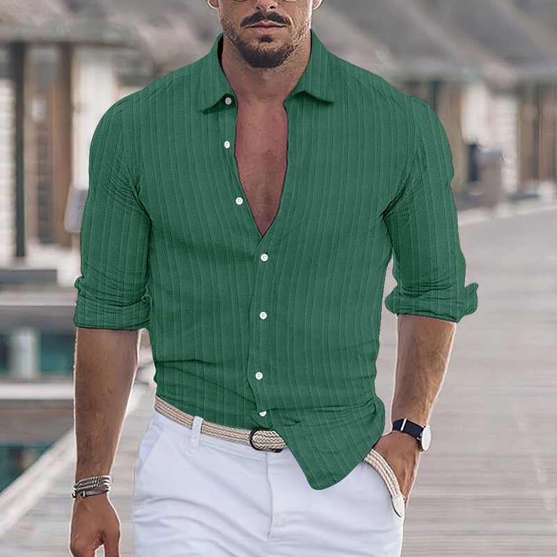 Nieuwe Herfst Mode Heren Overhemd Fold Pit Strip Shirts Met Lange Mouwen Heren Effen Kleur Turn-Down Kraag Casual Chemise