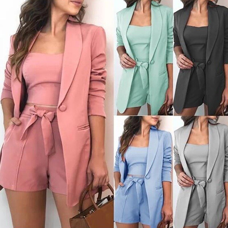 여성용 섹시한 슬래시 넥 블레이저, 사무실 긴 소매 정장 코트 및 스커트 세트, 핑크 블레이저, 여성 의류, 패션 2-3 개 세트