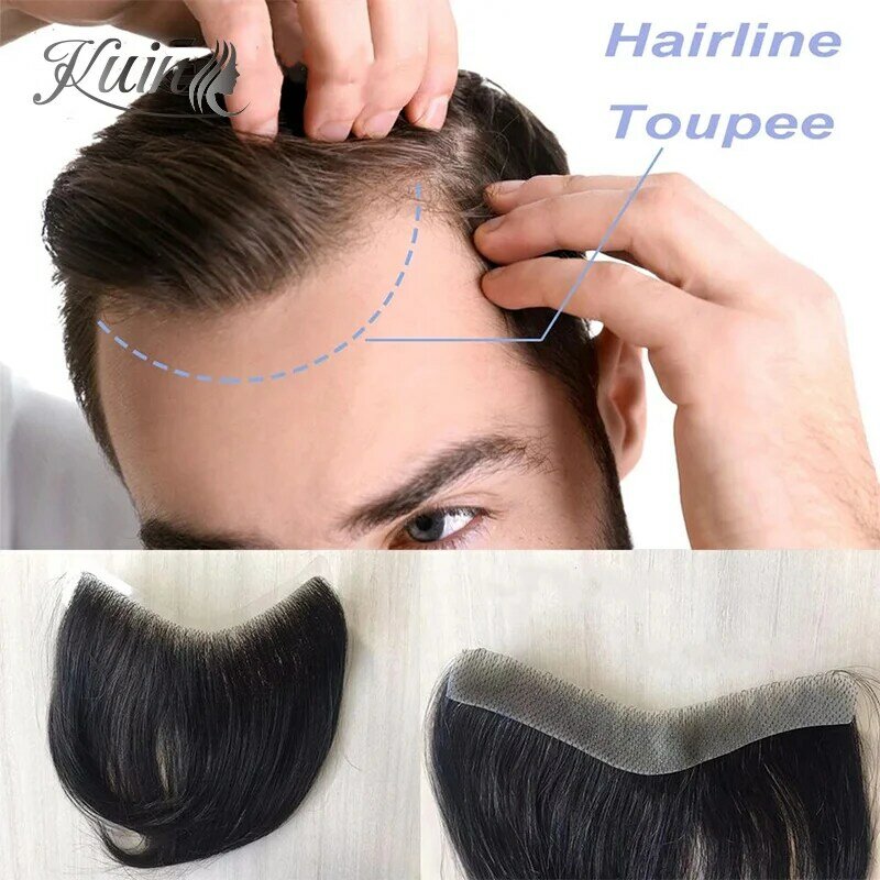Wig alami kulit tipis PU 0.05-0.14mm lingkaran V pria prostesis kapiler V gaya depan pria Wig rambut manusia rambut palsu pria