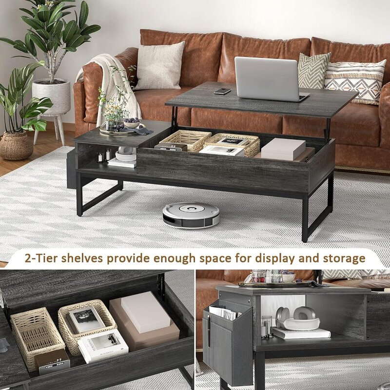 Holz Hebeplatte Mittel tisch Metallrahmen runde Couch tische für Wohnzimmer 43.3 "Tisch mit Seiten tasche für Cocktail Kaffee