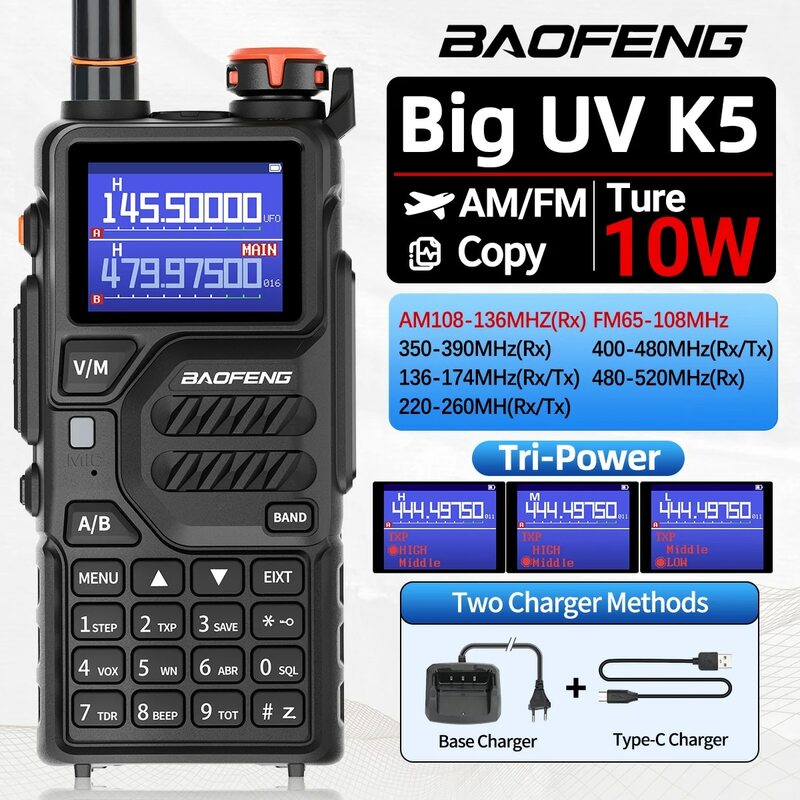 Baofeng-Talkie Walperforé sans fil, bande aérienne, longue portée, copie sans fil, radio bidirectionnelle, type-c UV 5R UV K5 Pro UV K5 Plus, 10W
