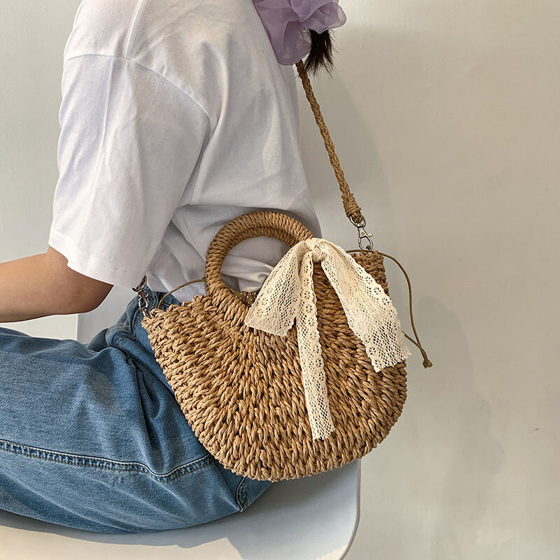 Bolsa mulher 2022 moda verão boemia praia rattan semicircular bolsa de mão senhora palha tecelagem sacos cesta garras