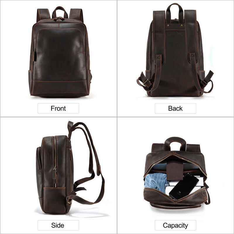 Genuine Leather Men's Backpack Fashion Large Capacity Shoolbag for 15.6" Laptop Casual Daypack Outdoor Travel Backapack