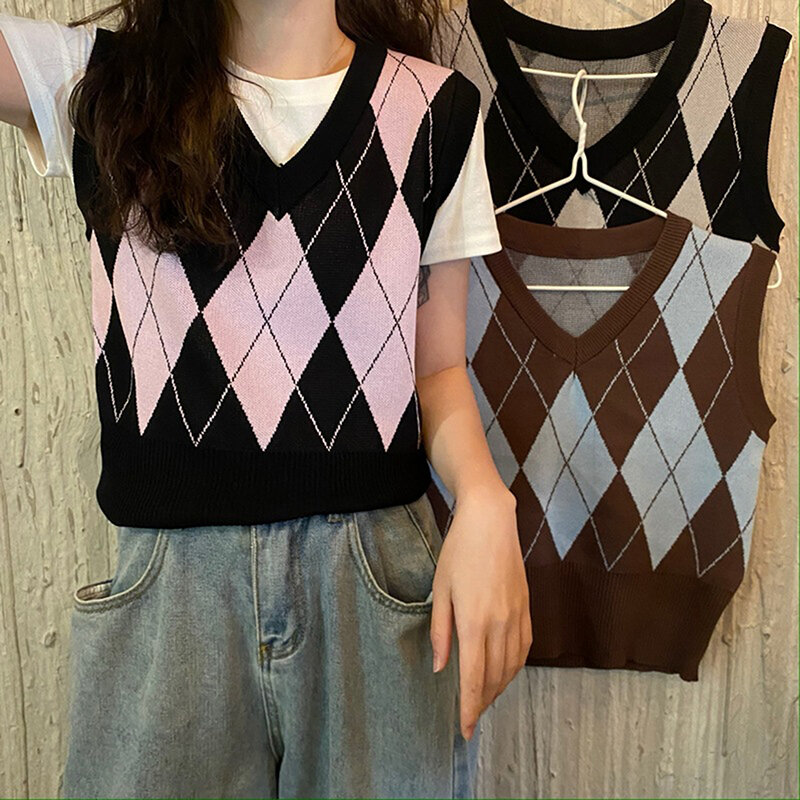 Women Plaid Knitted Vest Sweater V Neck Sleeveless Vintage Contrast Color Sweater Female Waistcoat Chic Tops