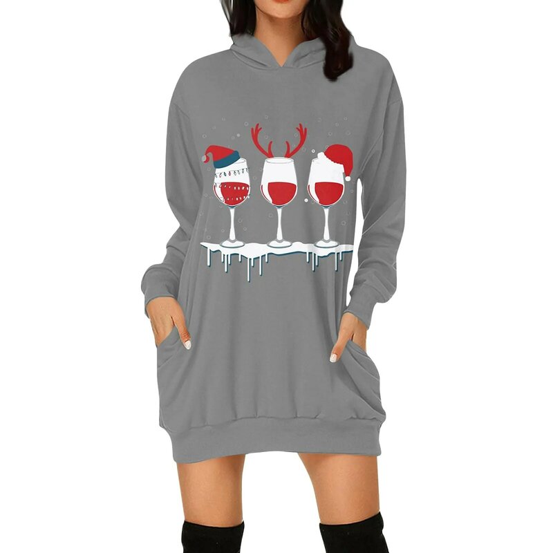 Sudadera con capucha de manga larga con estampado navideño para mujer, moda informal, estilo largo, Camiseta de algodón, vestidos de algodón