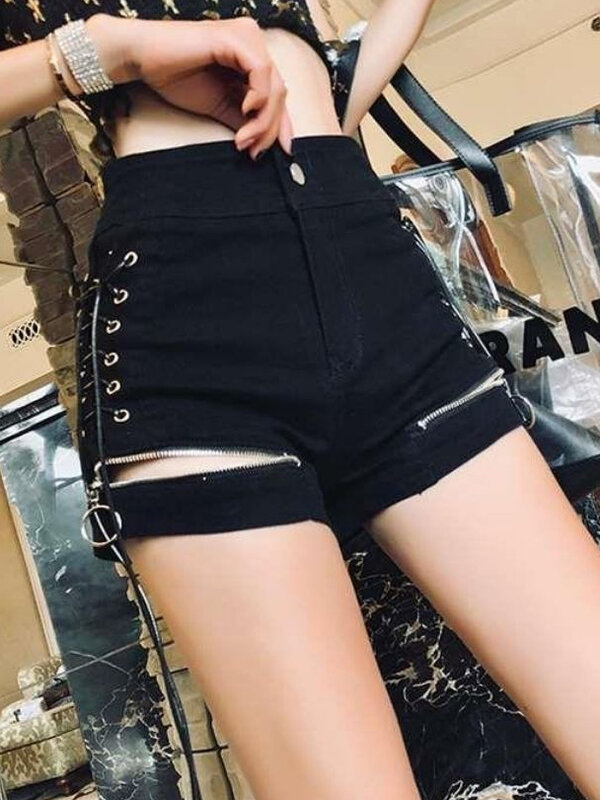 QWEEK Denim Bandage Sexy Cargo Shorts Women 2024 Spring Summer Gothic Harajuku Streetwear Side Leg Pants
