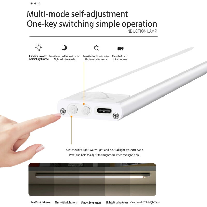 Veilleuse LED USB sans fil avec capteur de mouvement, lampe pour armoire, armoire, cuisine, chambre à coucher, 20 cm, 30 cm, 40 cm, 60cm