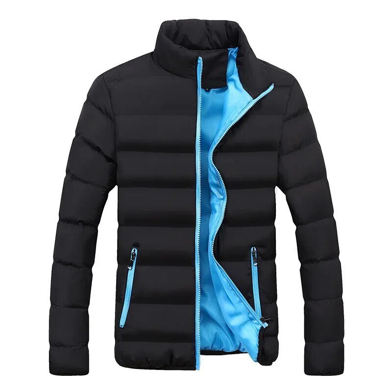 Jaqueta acolchoada monocromática masculina com gola de suporte, casacos de algodão, tops grossos quentes, parka casual, outwear, masculino, inverno