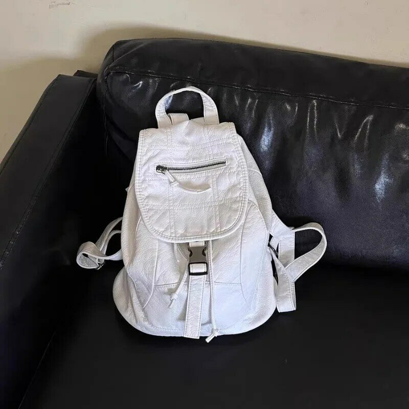 Xiuya Pure White Womens Backpack Vintage Leather Soft Washed American Style Backpack College Style Large Capacity New Travel Bag