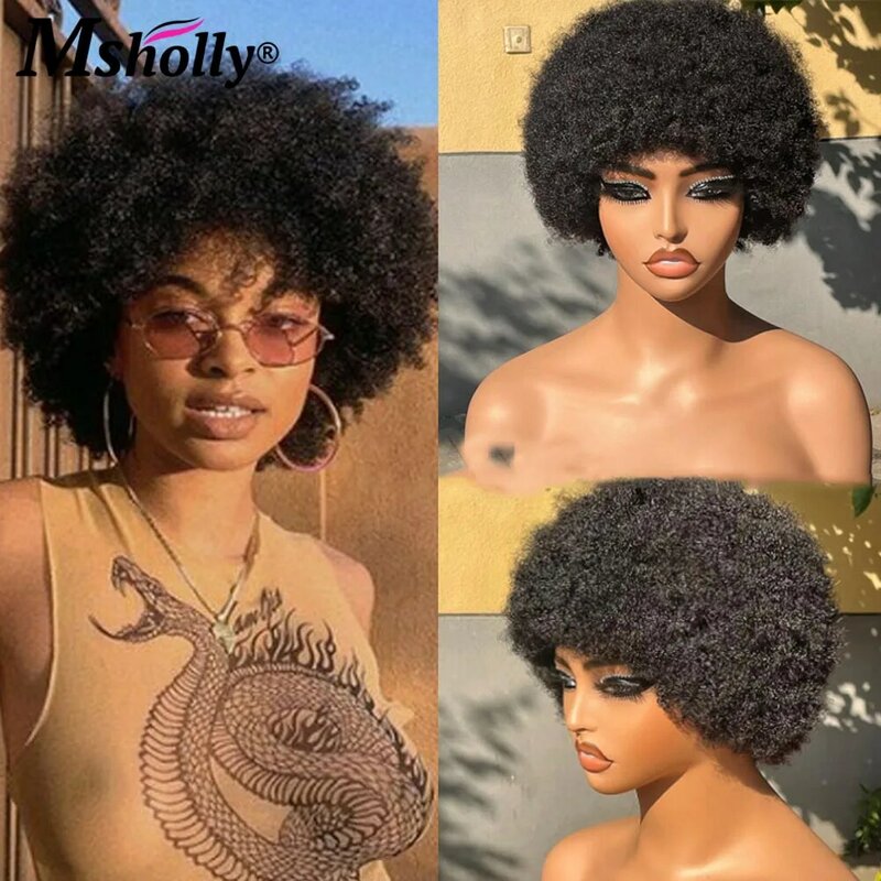 Curto Afro Kinky Curly Pixie Corte Peruca para Mulheres, Malásia, Preto Colorido, Perucas de Cabelo Humano, Máquina Completa Feita, Cabelo Remy