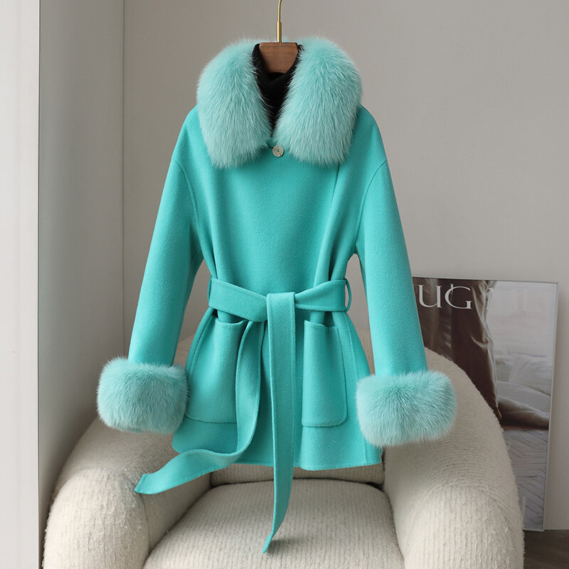 Pudi-Casaco de tecido de lã genuíno para mulheres, casaco quente para inverno, gola de pele de raposa real, senhora quente, CT360, novo design, 2023