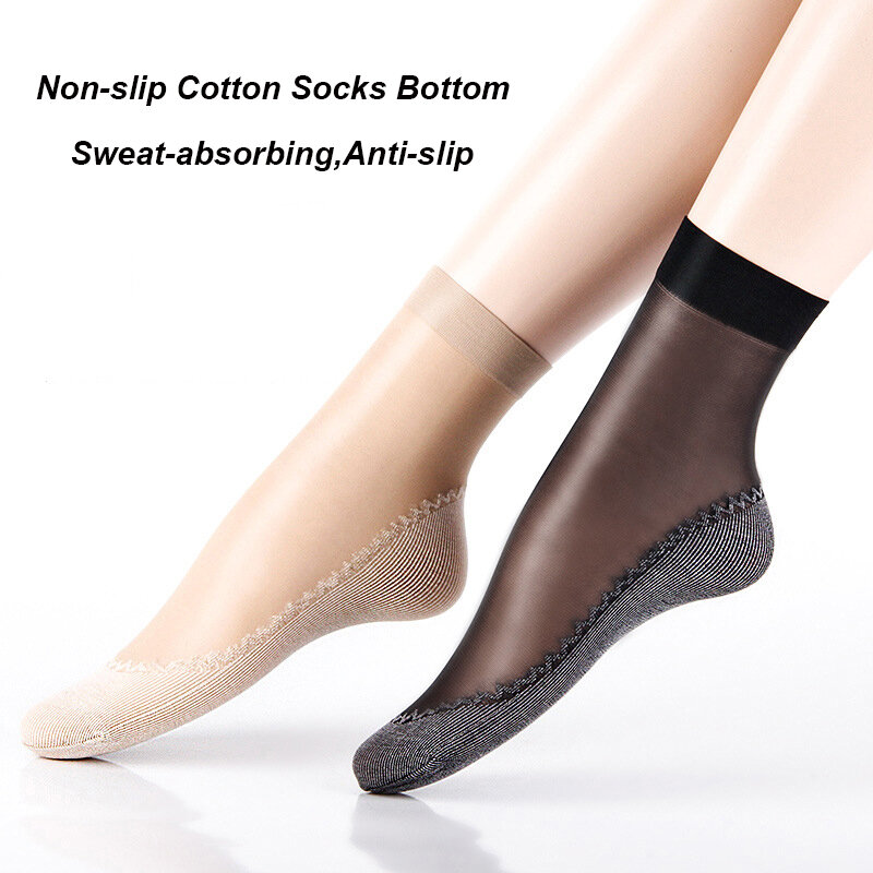 20pcs=10 Pairs Spring Summer Women Soft Socks Thin Silk Socks Non-Slip Bottom Splice Fashion Transparent Ladies Breathable Sock