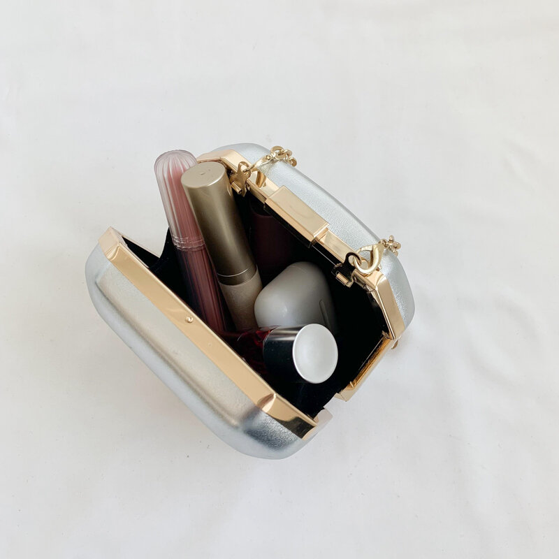 Kotak dompet koin tas tangan untuk wanita 2024 tas selempang Mini tas bahu rantai logam tas lipstik emas keperakan mewah wanita