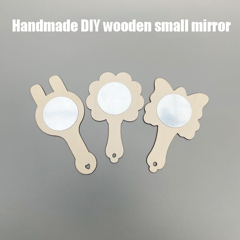 Creative Minimalist Diy Wooden Portable Handheld Makeup Mirror Children'S Craft White Embryo Diy Hand-Painted Small Mirror