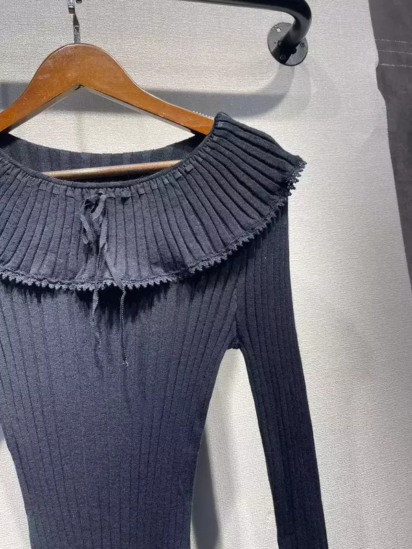女性用フリル付きニットセーター,モノクロのスリムトップ,すべての一致,カジュアルなラウンドネック,秋