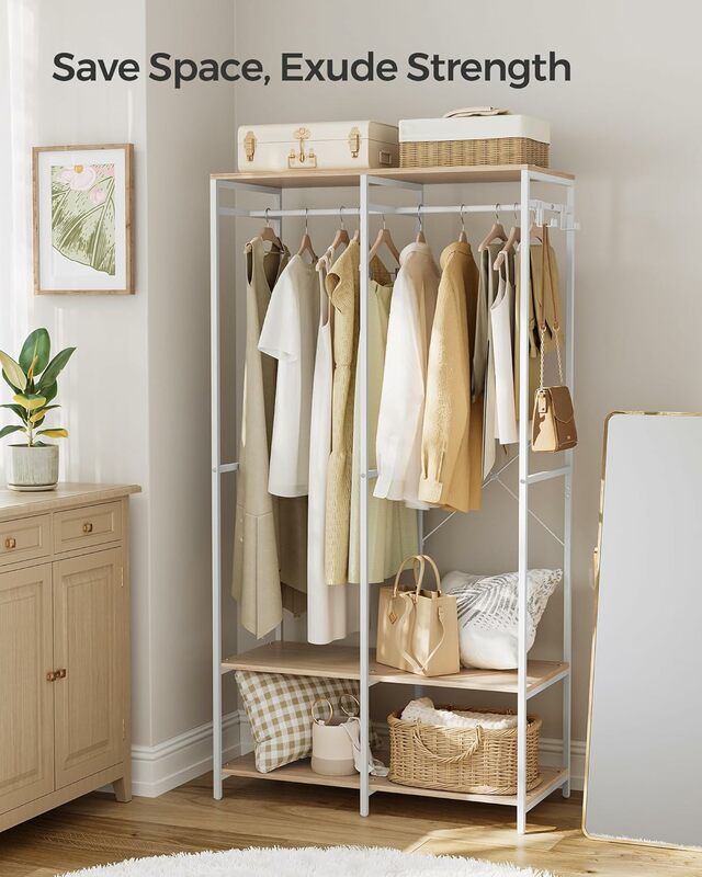 Clothes Rack, Heavy Duty Garment Rack Freestanding Closet Organizer, with Hanging Rods, Storage Shelves, Removable Hooks