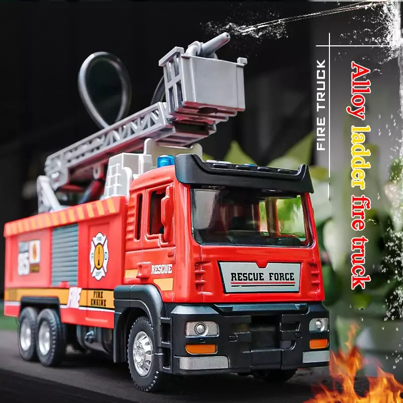 Simulation de camion de pompier en alliage pour enfants, arroseur moulé sous pression, pulvérisation d'eau avec musique légère, voiture de sauvetage, jouet pour garçon, cadeau, 1:50