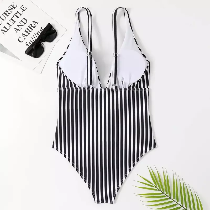 2024 New One-piece Swimsuit V-neck Backless Swimsuit Sweet Striped Bikini Bathing Suit Women