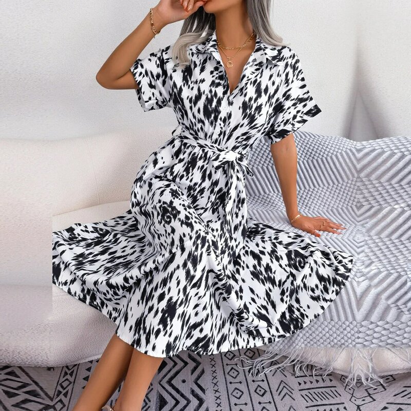 Fashion  Women Summer Casual Print Loose Leopard Lace Shortsleeve Shirt Dress For Female Lapel Mid-calf Length Dress