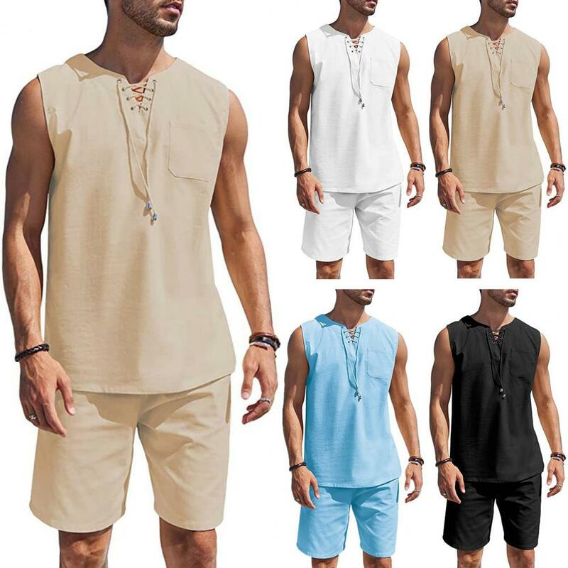 2 Pcs Men Sportswear Vest Shorts Set Sleeveless Lace-up V Neck Loose Breathable Quick Dry Men Top Shorts Set Elastic Tracksuit