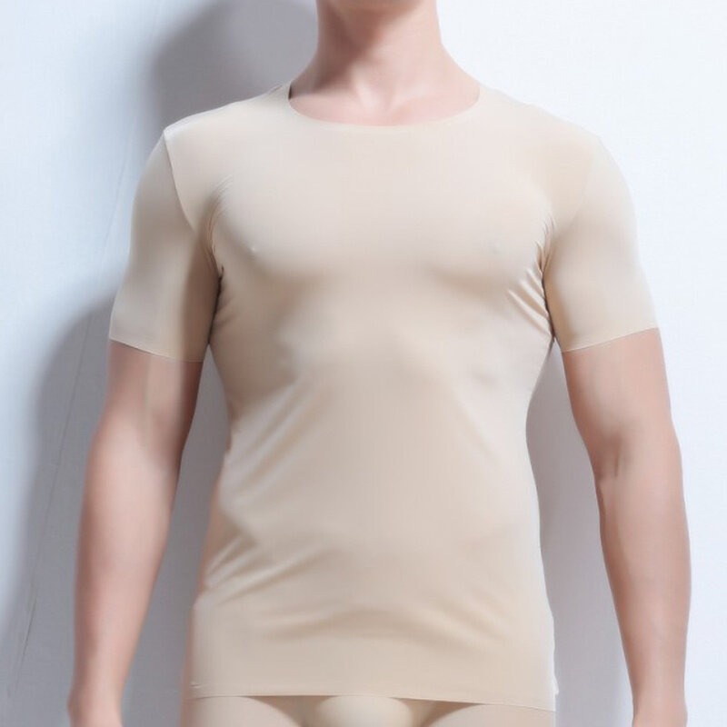 Camiseta Interior de seda transparente para Hombre, ropa Interior de manga corta, ultrafina, para dormir