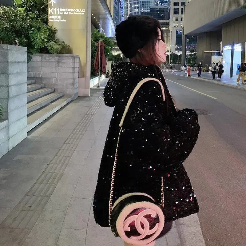 Sparkling Sequin Starry Sky Hooded Coat for Women Spring 2023 New Korean Version Loose Short Thickened Cotton Coat Tide Commuter