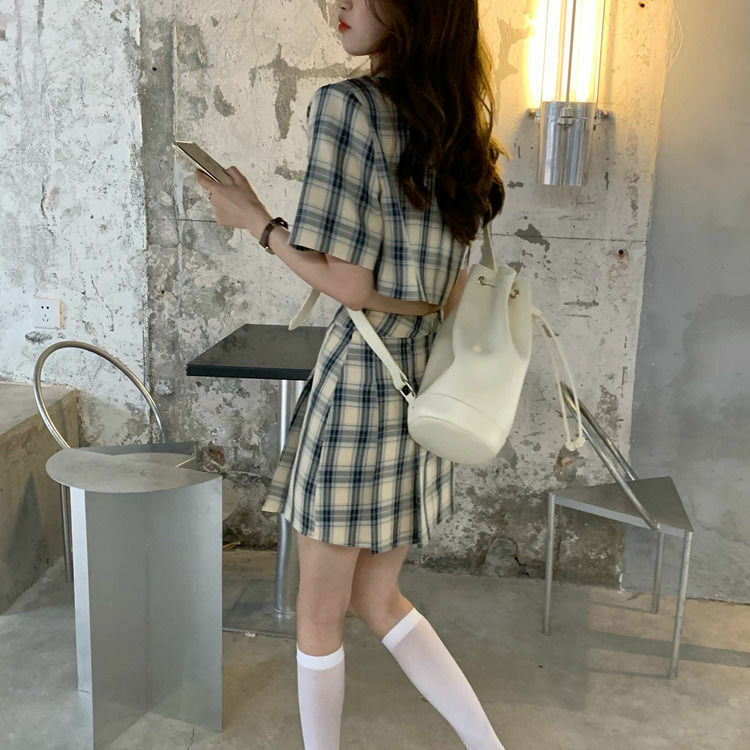 Two Piece Spicy Girl Skirt Ins 2024 Spring/Summer Korean Edition New Fashion Plaid Printed Women's Skirt Set