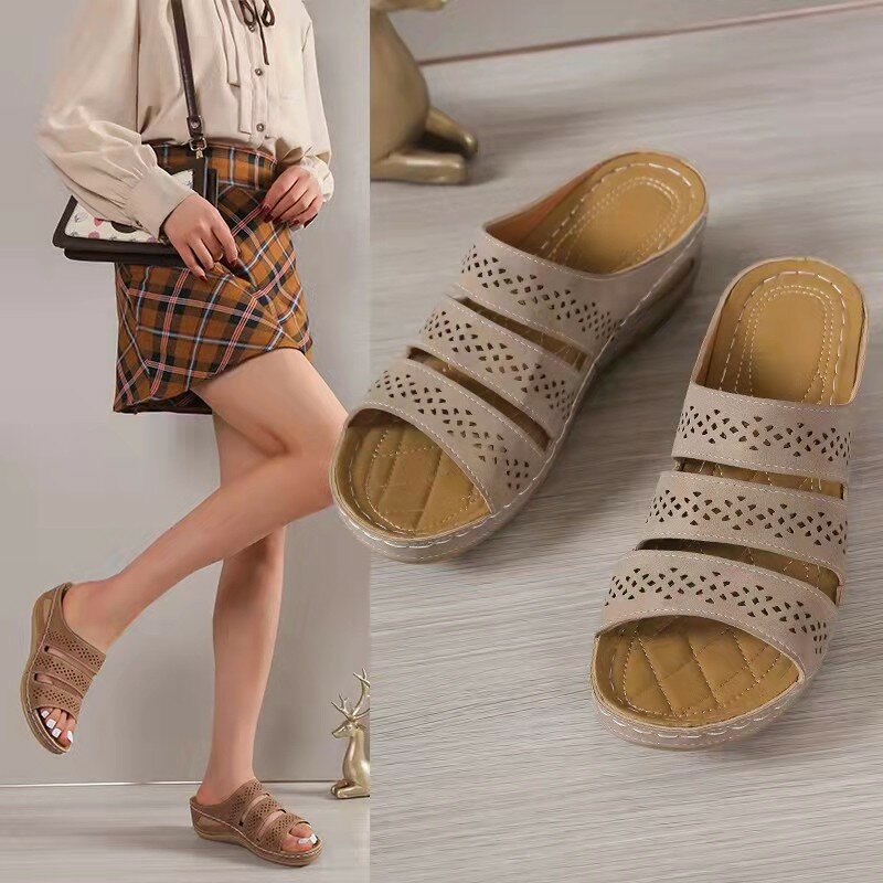 Sandálias femininas de plataforma exterior, sapatos femininos, estilo romano casual, sola macia de borracha clara marrom, tendência verão 2024