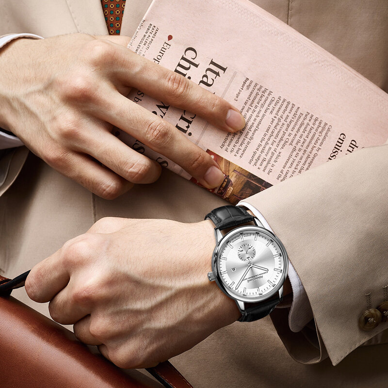 Romitime นาฬิกาควอทซ์สำหรับผู้ชาย, นาฬิกาผู้ชายตามสมัยนิยมสไตล์กลไกเรียบง่ายกันน้ำปฏิทินสแตนเลส