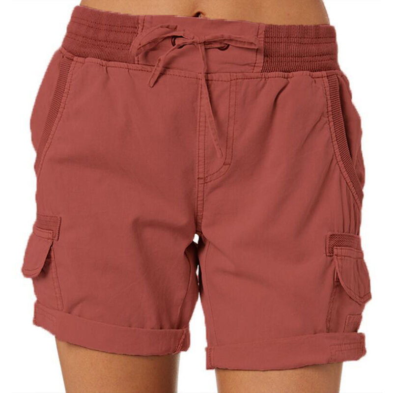 Pantalones cortos Cargo para mujer, Shorts de cintura elástica, algodón, lino, bolsillo, playa, verano, Color sólido, Comfot transpirable