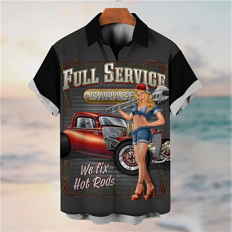 Retro Men's Shirt Sexy Women&Motorcycle 3D Digital Printed Pattern Hawaiian Shirt Men's Street Short Sleeve Top Loose Men's