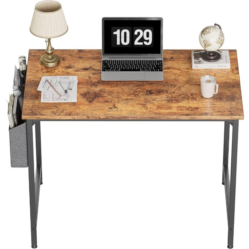 Bureau d'ordinateur d'étude 32 pouces, petit bureau d'écriture pour bureau à domicile, table PC de style simple moderne, cadre en métal noir, marron rustique