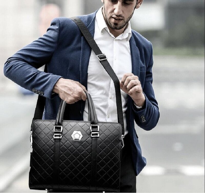 Men High Quality Leather Business Briefcase Fashion Diamond Lattice Zipper Shoulder Bags Large Capacity Handbag Notebook Bag