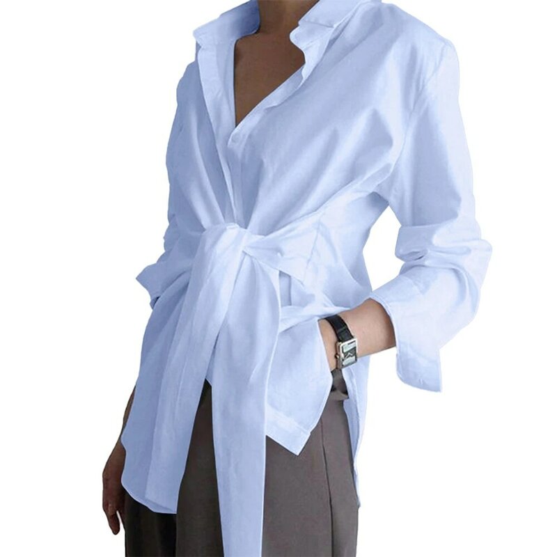 Рубашка с запахом, удобная повседневная модная офисная блузка с длинным рукавом, с поясом, однотонная, на весну