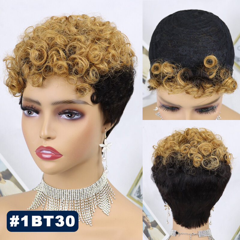 Pelucas de cabello humano corto para mujeres negras, pelo brasileño rizado con corte Pixie, hecho a máquina, barato, sin pegamento, afro americano
