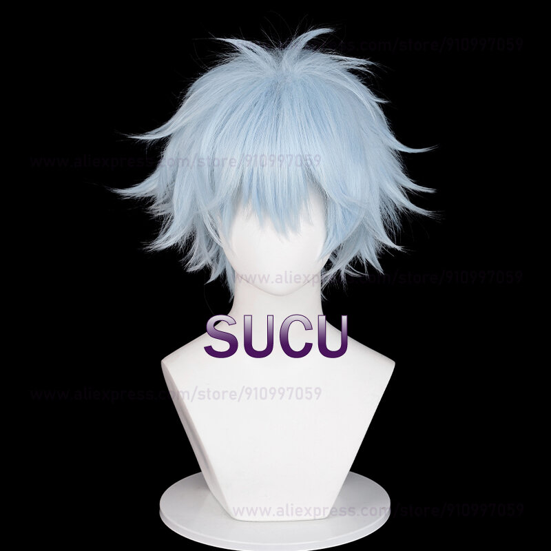 Peluca de Cosplay de Anime Okazaki Shinichi, pelo azul claro, pelucas sintéticas resistentes al calor para Halloween, gorro de peluca, 30cm