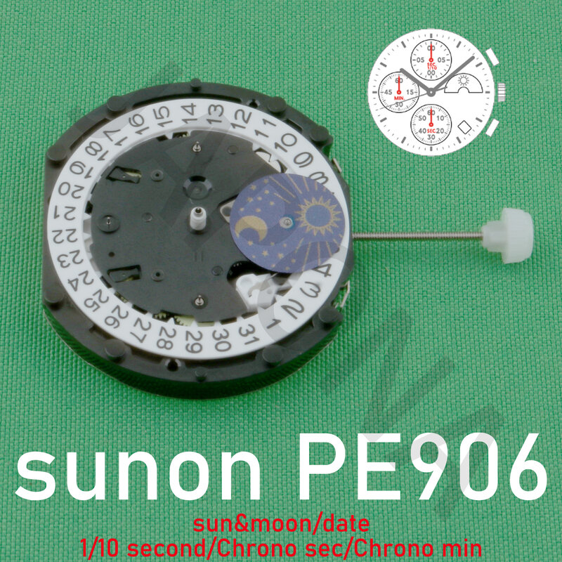 Механизм PE906 sunon PE90, кварцевый механизм, три стрелки, 4 глаза и дата, маленький хронограф, секунда, минута, солнце и луна, 1/10 секунды