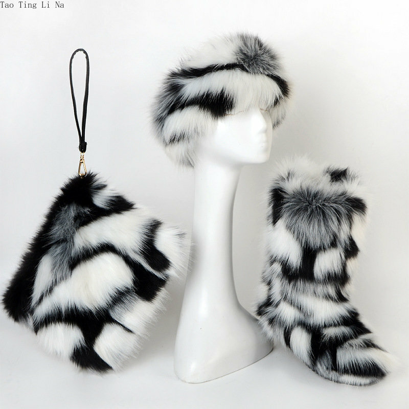 Três Peças Conjunto de correias de pelúcia e espessamento, Bolsa de Transporte, Imitação Fox Fur Mulheres Snow Boots