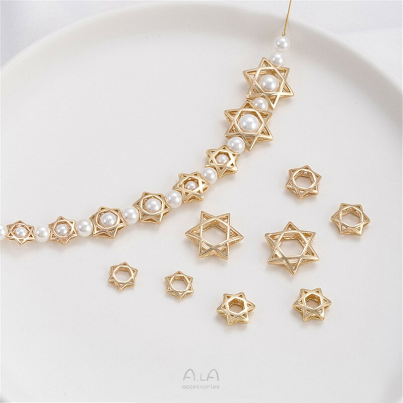 14K Gold-plated Hollowed Out Hexagonal Star Set Bead Ring, Handmade Beaded Partition Ring DIY Bracelet Necklace Accessories K034