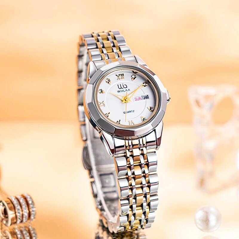 WIILAA jam tangan klasik wanita tanggal pekan desain minimalis jam tangan kuarsa wanita untuk emas baja tahan karat merek mewah berlian