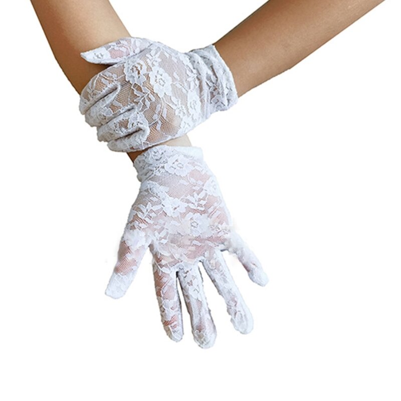 Delikatne koronkowe rękawiczki elastycznymi mankietami. Puste koronkowe kwiatowe eleganckie rękawiczki damskie