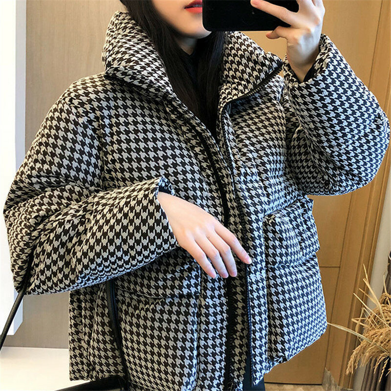 Casaco de inverno novo houndstooth parker jaqueta gola bolso zíper espessado recortado topo moda feminina roupas zm261