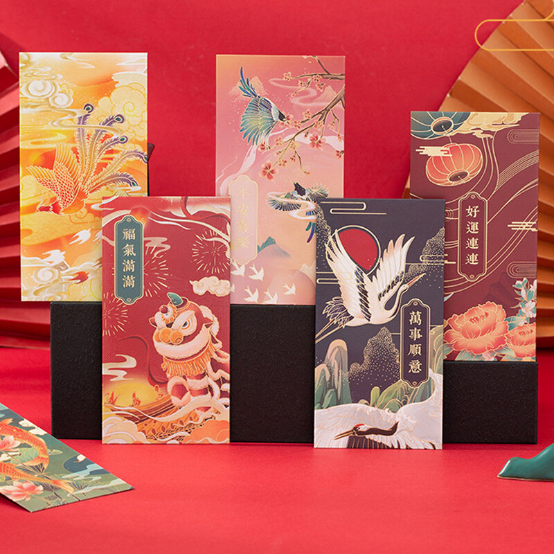 Pacote vermelho do zodíaco chinês dos desenhos animados, embrulhando sacos de presente, envelopes, ano novo chinês, dinheiro da sorte, 6 peças por conjunto, 2024