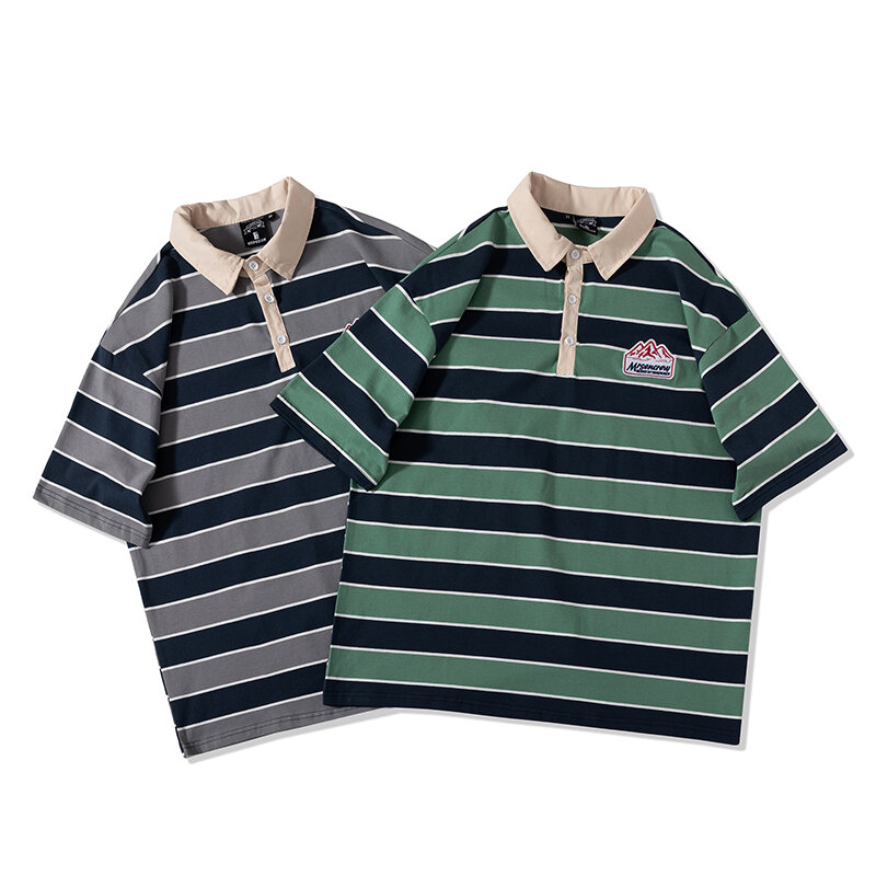 T Shirt Für Männer Sommer Klassische Mode Vintage Streifen Gesticktes Logo Baumwolle Casual Revers Kurzarm Polo