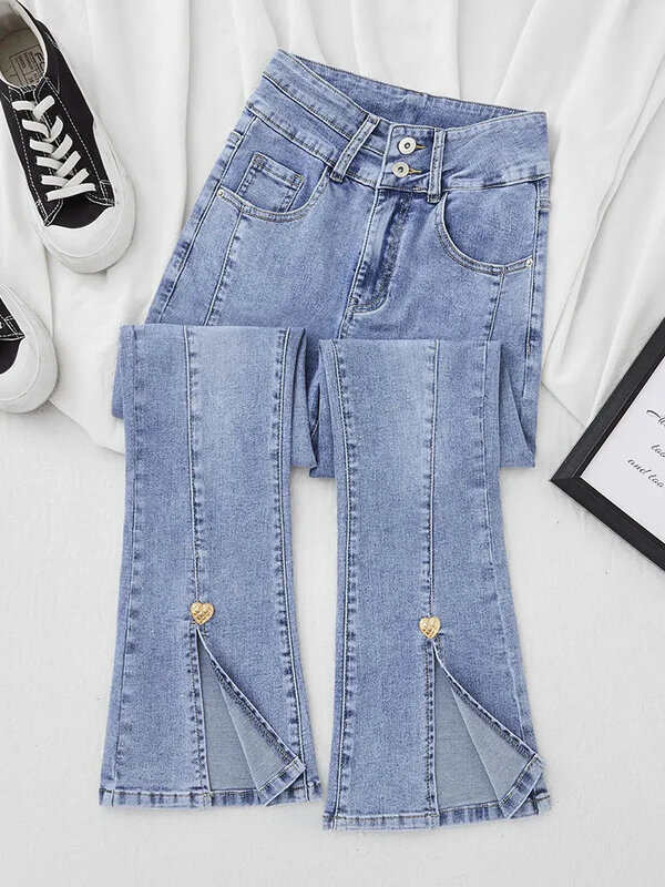 Vintage cintura alta dupla fivela lado dividir coração botão denim calças coreano estiramento denim alargamento calças femininas streetwear
