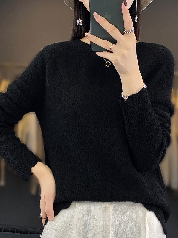 Mode Damessweater Met O-hals Pullovers Australische Wollen Trui Naadloze Confectie, Uitgehold Nieuw In Gebreide Dameskleding
